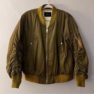 MO&Co. Oversized Bomber Jacket with Ruched Sleeve in Army Green